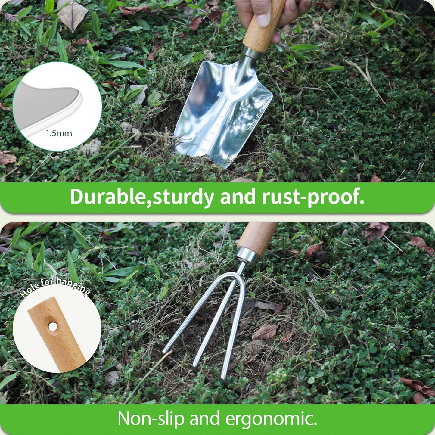 Garden Tool Set, 2 Pieces Stainless Steel Heavy Duty Garden Tools, Gardening Kit with Wooden Handle Garden Hand Tools, Durable Garden Tools for Gardening, Gardening Gifts for Women Men