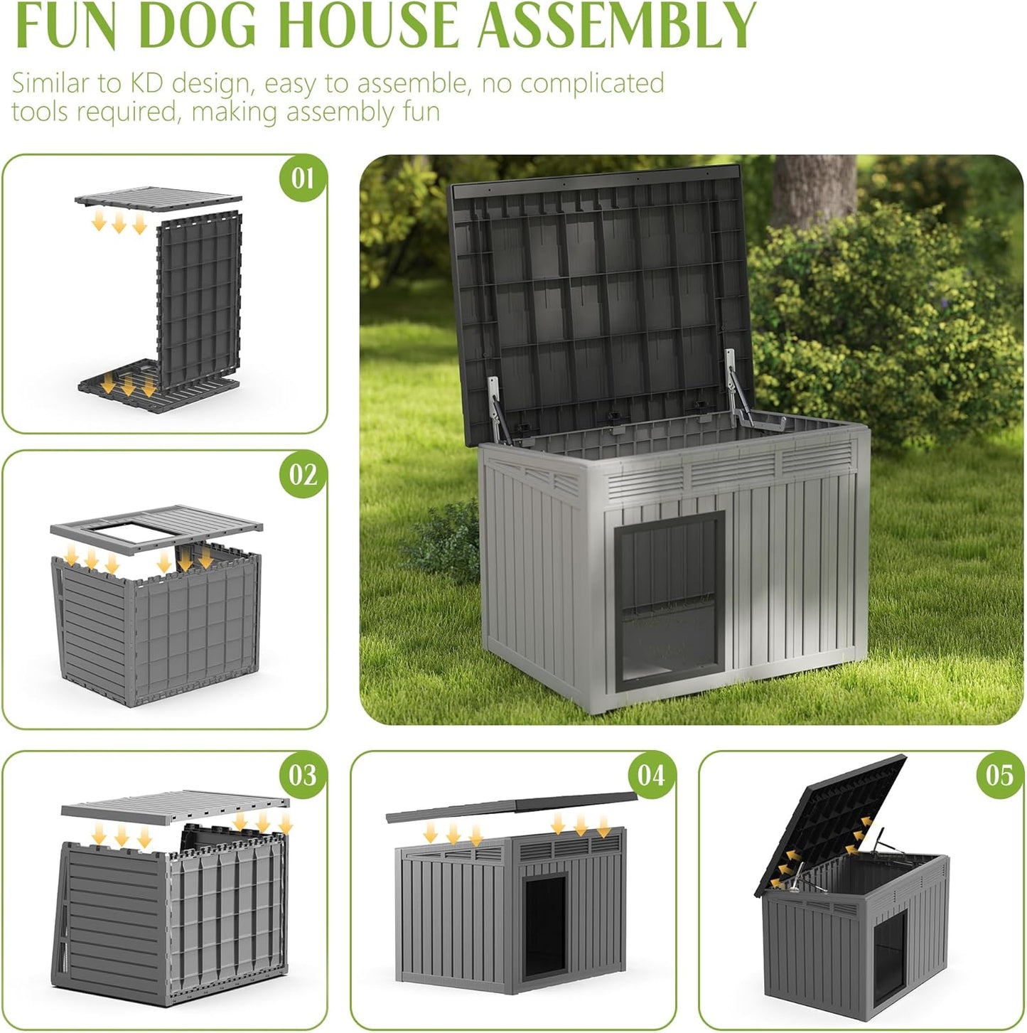 Dog House Indoor Outdoor,Resin Waterproof Puppy Shelter with Air Vents and Elevated Floor,Air Rod on Top to Open,Dog Kennel for Small to Large Dogs(Grey,42.87 * 32.95 * 31.61)