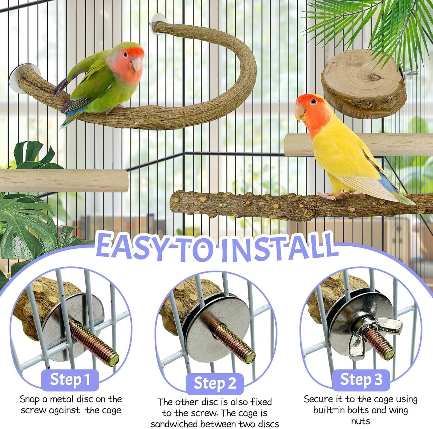 PINVNBY 6 PCS Natural Bird Perches Wooden Parrot Perch Sets Bird Perches for Cage Parakeet Platform Hammock Paw Grinding Fork Chewing Stick for Budgies Conures Finches Cockatiels Lovebirds