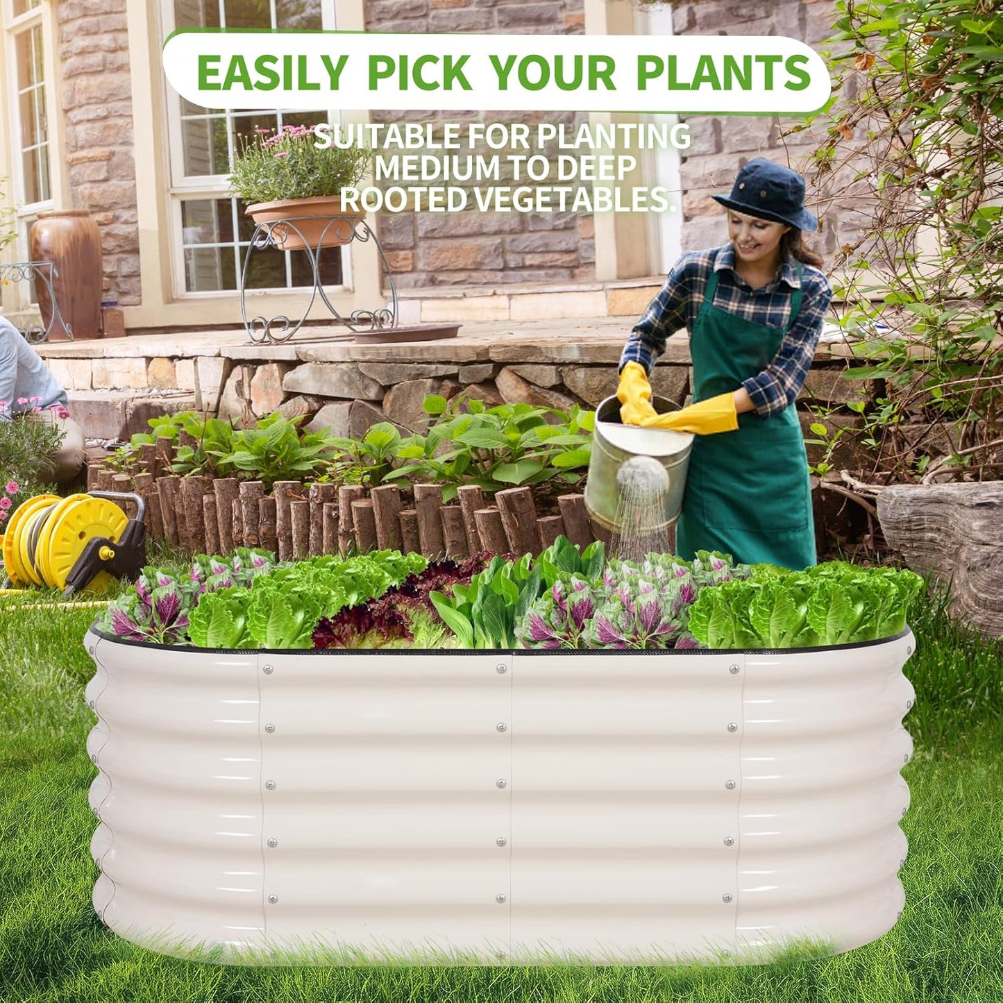 Galvanized Raised Garden Bed - 4x2x1.4FT Metal Planter Boxes Outdoor | Oval Steel Raised Bed Kit for Gardening with Protective Tape, Gloves for Vegetables, Flower, Herb (White)