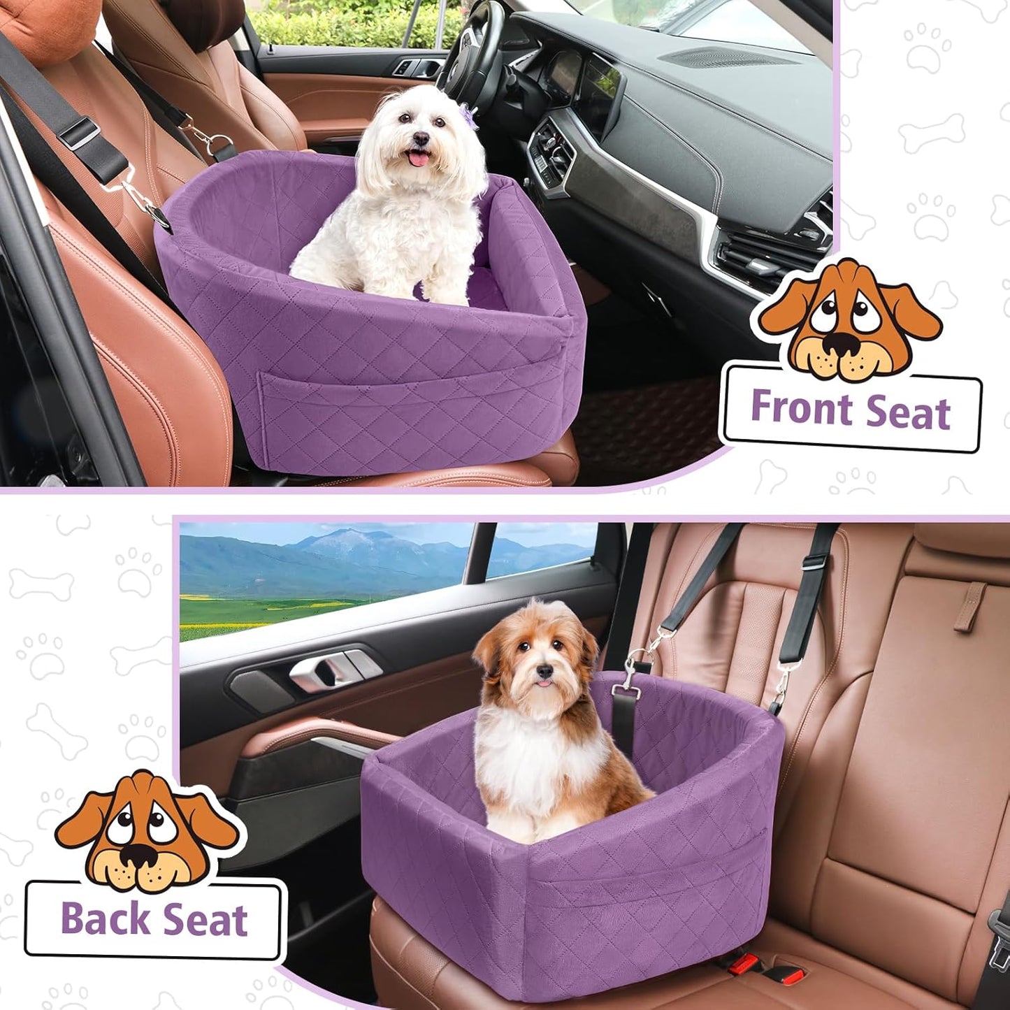 Dog Car Seat for Small Medium Dogs,Detachable Washable Dog Booster Seat Under 30lbs, Pet Car Seats Travel Bed with Storage Pockets and Safety Belt (Purple)