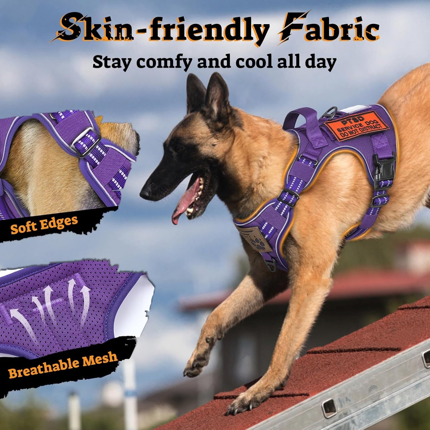 rabbitgoo Dog Harness for Large Dogs No Pull, Tactical Service Pet Vest with Molle and Control Handle, Adjustable and Reflective Military Harness for Easy Walking and Training, Purple, XL