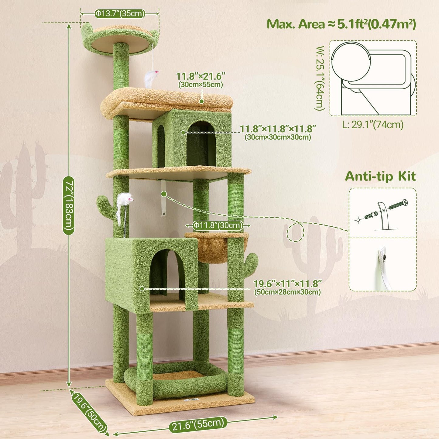 Globlazer Heavy Duty Cactus Cat Tree for Large Cats, Sturdy 72in Maine Coon Cat Tree for Large Cats 20 lbs+ Cactus Cat Tower for Adult Biggest Cats with 6 Scratching Posts, Hammock, S72, Green