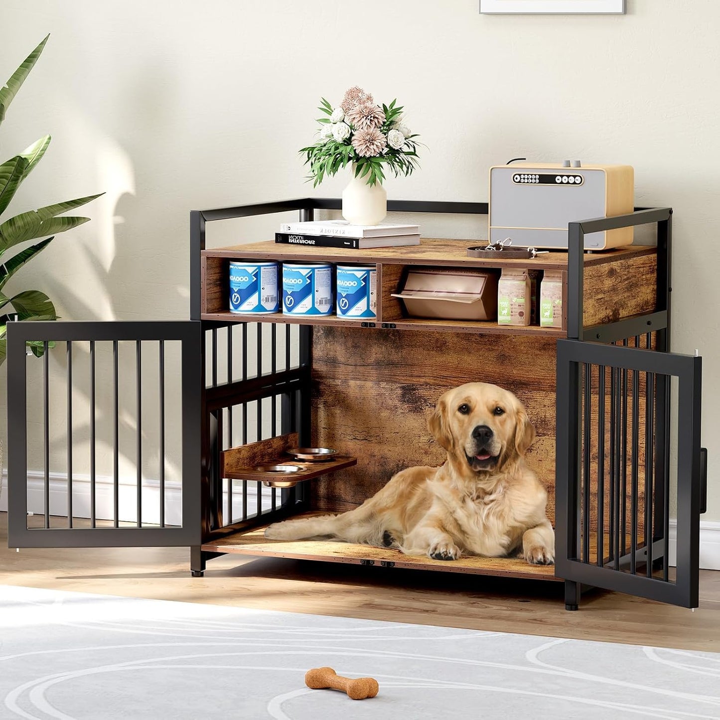 Large Dog Crate Furniture, 41 Inch Wooden Dog Crate, Heavy Duty Dogs Kennel with 2 Drawers Storage, 360° Adjustable Raised Feeder, Indoor Dogs House End Table
