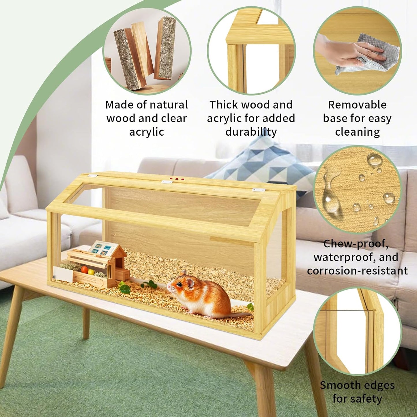 32" Wooden Hamster Cage, Chewproof Gerbil Cages and Habitats, Openable Top Roof Window with Silencing Pad, Guinea Pig Cage for Small Animals, Dwarf and Syrian Hamster, 32 x 16 x 16 Inches