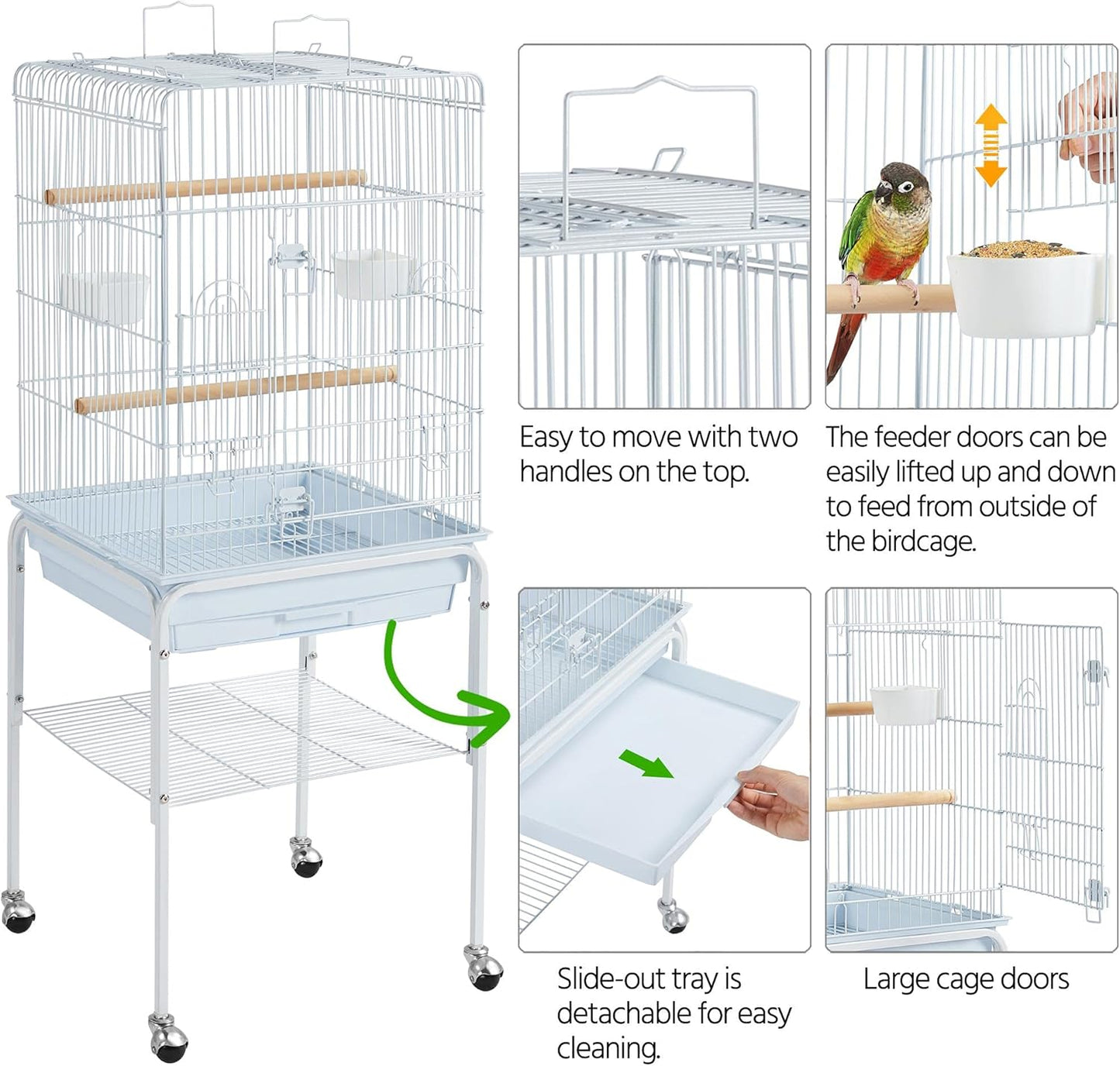 Yaheetech Play Open Top Parrot Bird Cages for Sun Parakeet Cockatiel Green Cheek Conure Lovebird w/Detachable Rolling Stand, White