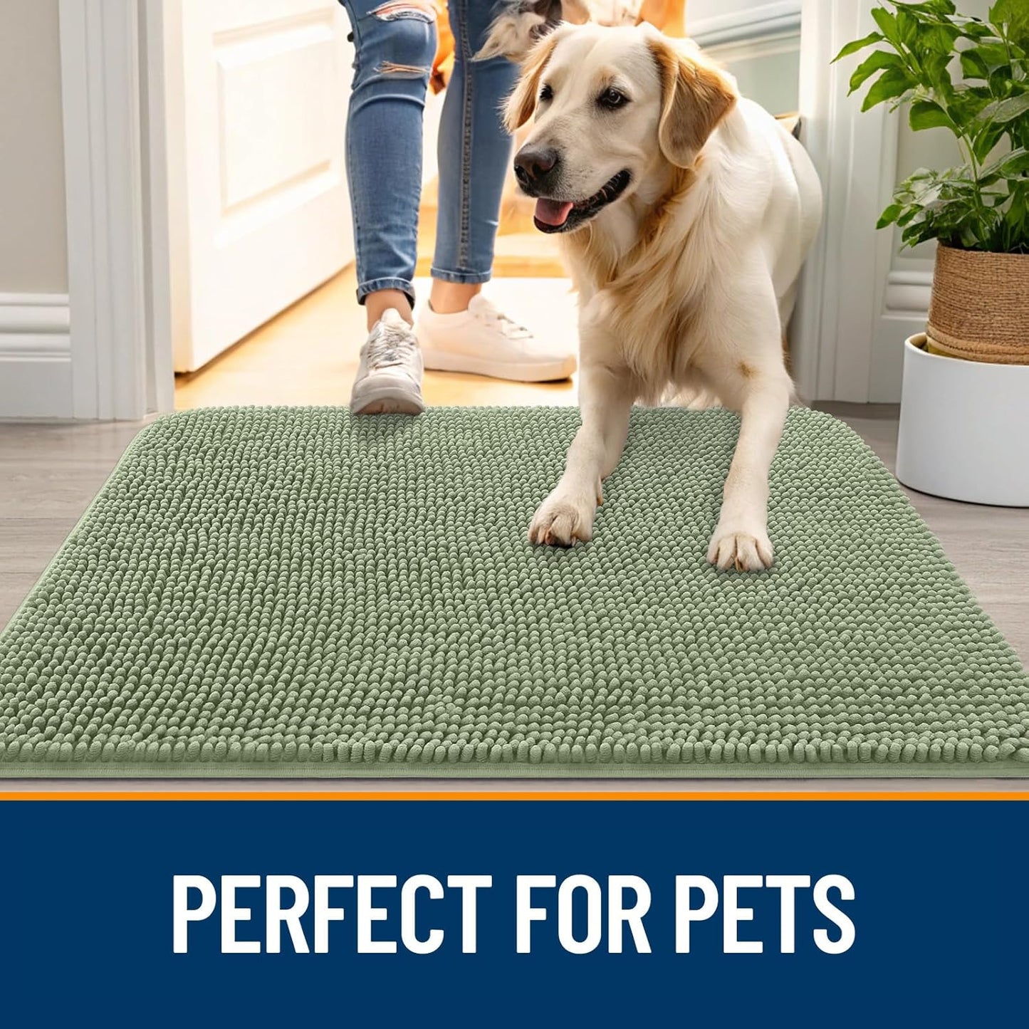 OLANLY Dog Door Mat for Muddy Paws 47x24, Absorbs Moisture and Dirt, Absorbent Non-Slip Washable Doormat, Quick Dry Chenille Mud Mat for Dogs, Entry Indoor Entryway Carpet for Inside Floor, Sage Green