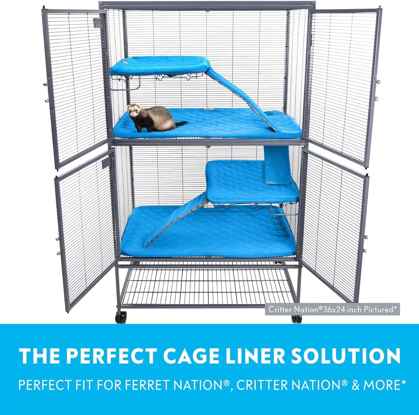 Paw Inspired Fitted Fleece Liners for Ferret Nation, Critter Nation Cage for Ferrets, Rats, Chinchillas, Hedgehogs & Other Small Animals (Blue, Double Unit Combo)