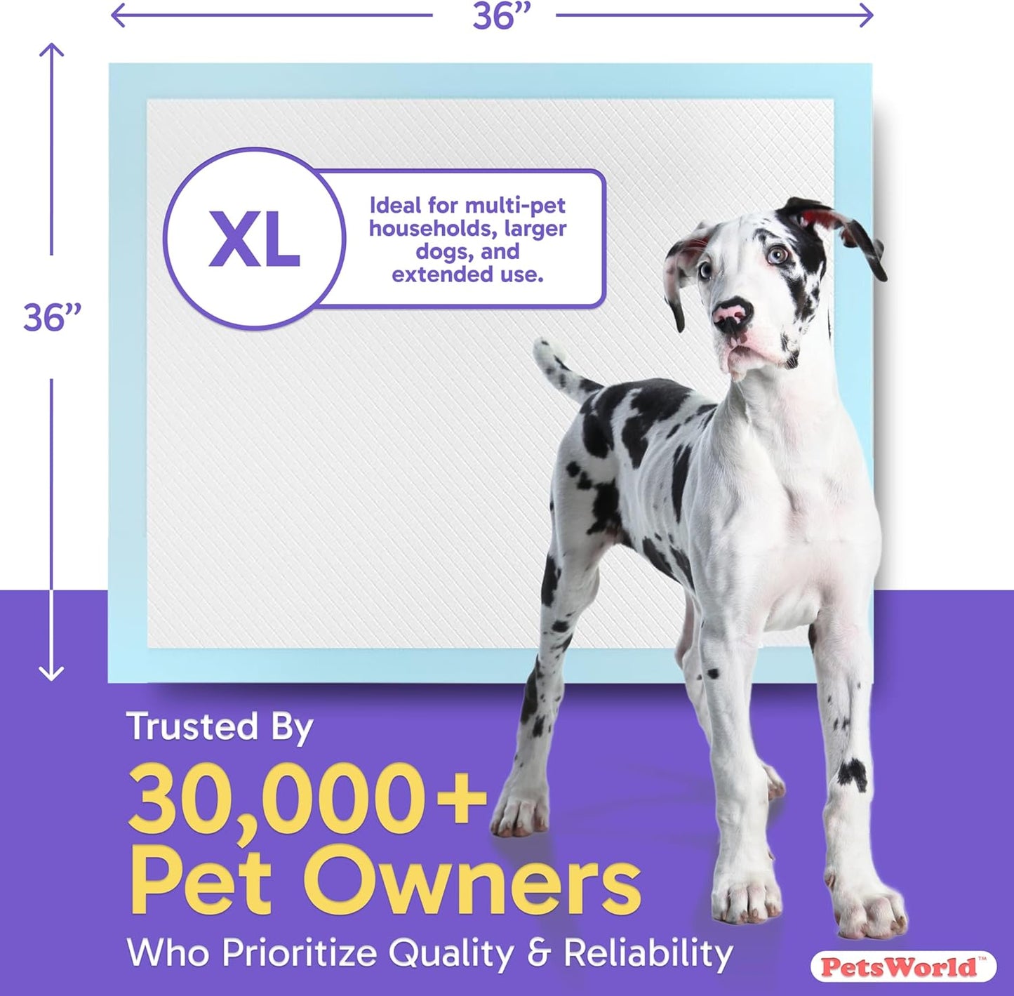 PETSWORLD Giant Dog Potty Pads, Odor-Eliminating, 36" x 36", Ultra Absorbent 5-Layer Leak-Proof Training Pads for Dogs & Cats (36x36, 300 Count)