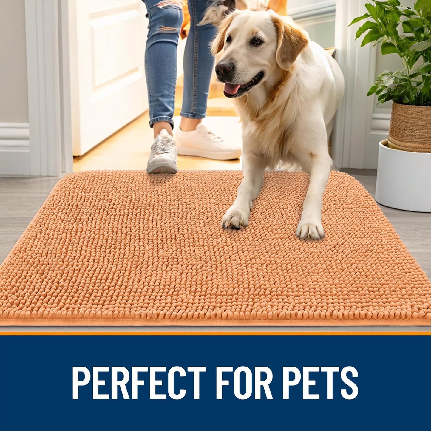 OLANLY Dog Door Mat for Muddy Paws 34x21, Absorbs Moisture and Dirt, Absorbent Non-Slip Washable Doormat, Quick Dry Chenille Mud Mat for Dogs, Entry Indoor Entryway Carpet for Inside Floor, Orange