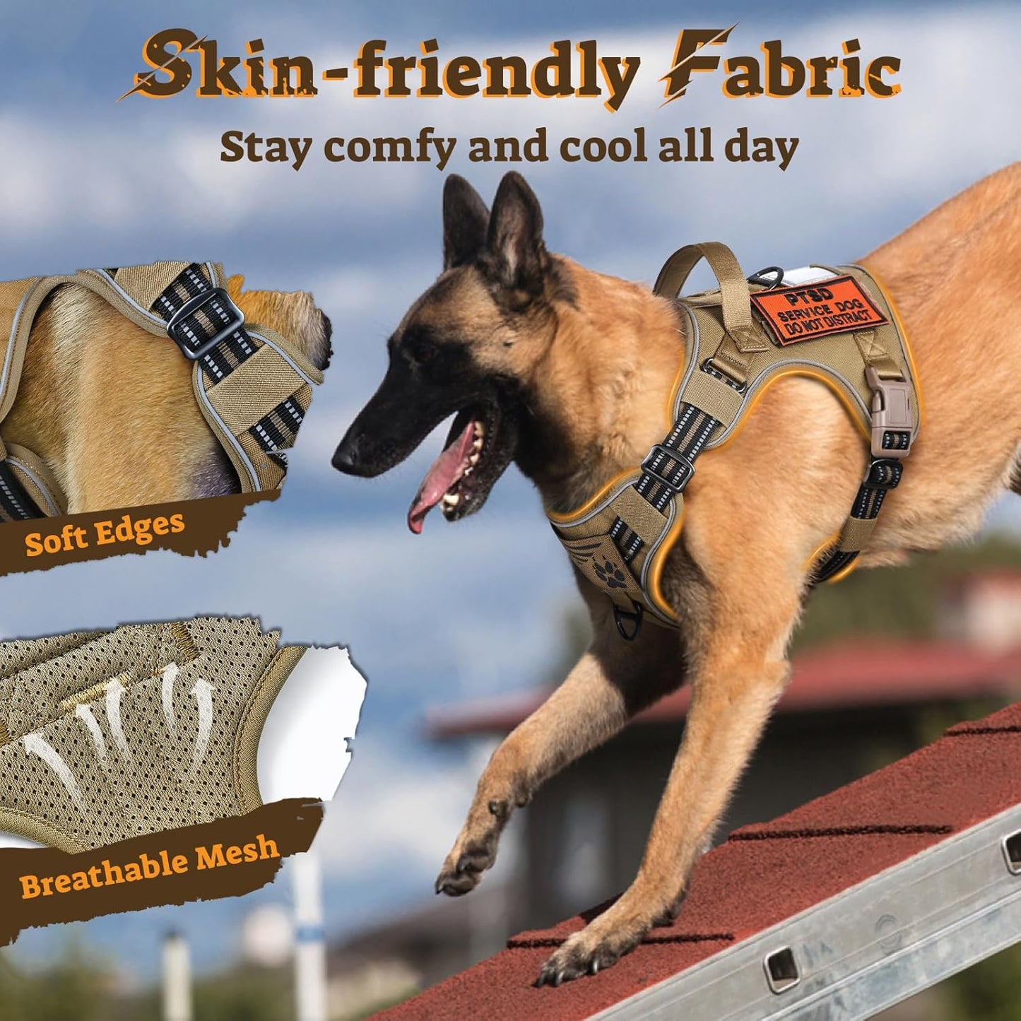 rabbitgoo Dog Harness for Large Dogs No Pull, Tactical Service Pet Vest with Molle and Control Handle, Adjustable and Reflective Military Harness for Easy Walking and Training, Brown, L