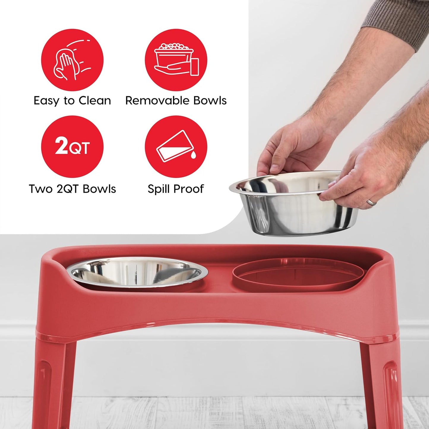 IRIS USA Elevated Dog Bowls, Adjustable Height, 2 Thick 64 oz Stainless Steel Bowls, Spill-Proof with Raised Outer Rim, Durable Made in USA Plastic, Easy Assemble, 2 Heights 4.63" or 12.25" Red