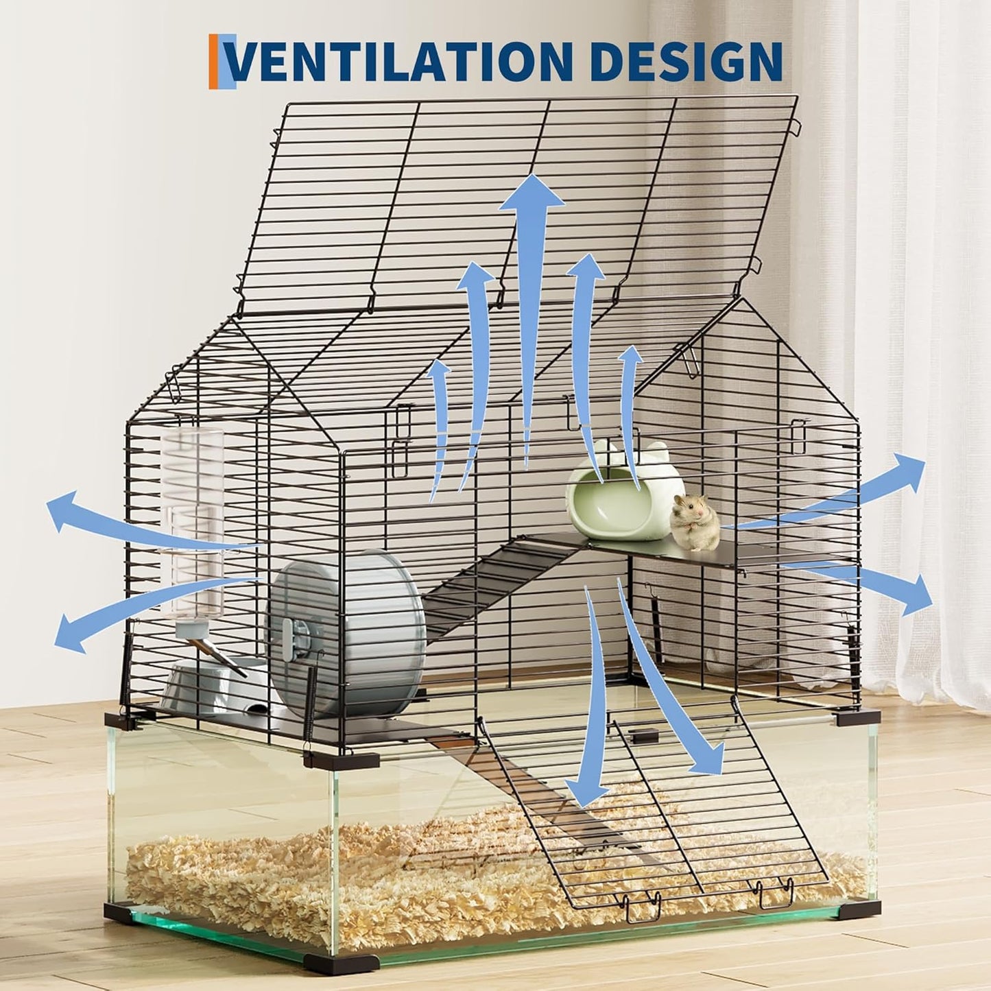 Large Hamster Cage with 7" Deep Tempered Glass Bottom, 3 Tiers Big Hamster Tank with Running Wheel, Hut, Water Bottle, Dish, Rat Cages for Syrian, Dwarf, Gerbils, Mouse, 22.83" x 15" x 21.25"