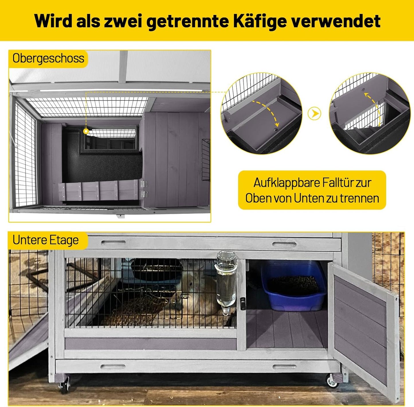 Aivituvin Rabbit Hutch Rabbit Cage Outdoor & Indoor on Wheels Bunny cage with Deep No Leak Pull Out Tray,Upgrade Version (Gray)
