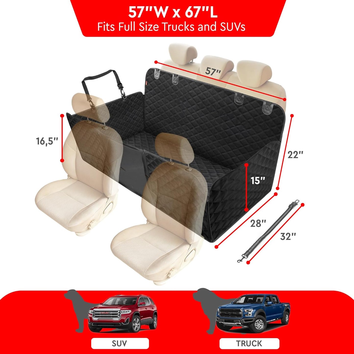 Helteko Back Seat Extender for Dogs, Premium Car Seat Cover with Hard Bottom Plates, Waterproof Backseat Protector, Mesh Window and 2 Storage Pockets, Hammock Travel Bed for Crew Cab and Full Trucks