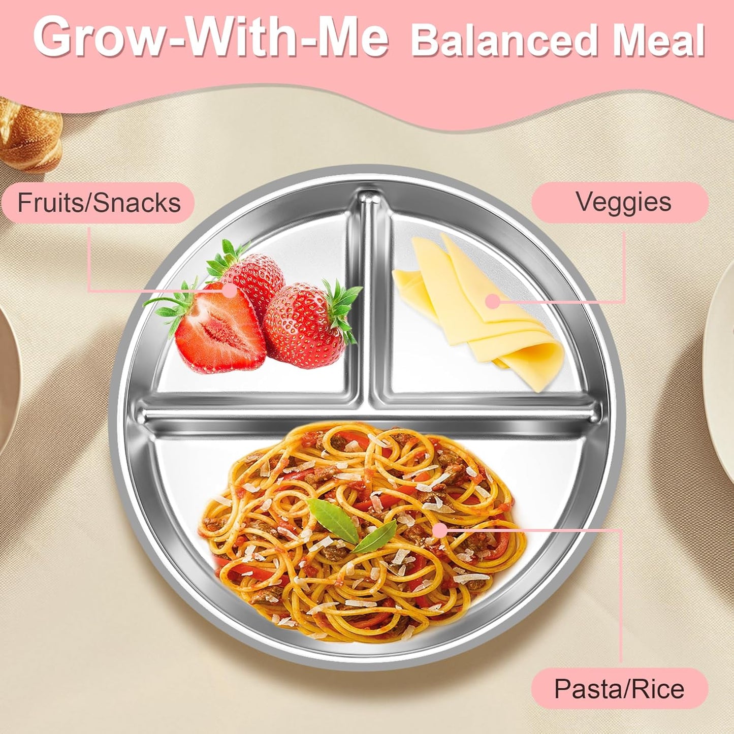 Bella's Friends Stainless Steel Toddler Plates Silicone Suction,3 Packs Non-Slip Baby Plates,Divided Portion,Food-Grade Silicone Plate for Kids,LEAD-FREE Dishwasher Safe, Green Blue Pink