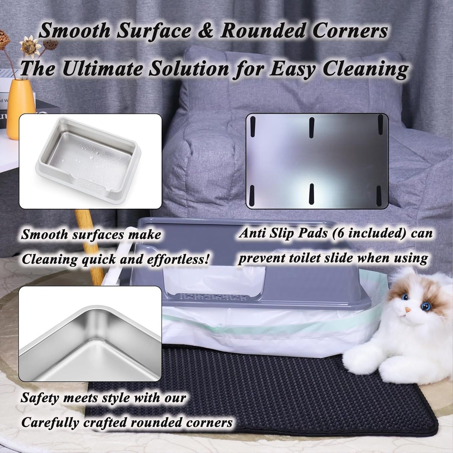 Suhaco Stainless Steel Litter Box Side Entry, Kitty Black Litter Mat and White Scoop Included Covered Metal High Sided Large Cat Litter Box with Lid Removable Enclosure for Medium Cats (Grey)