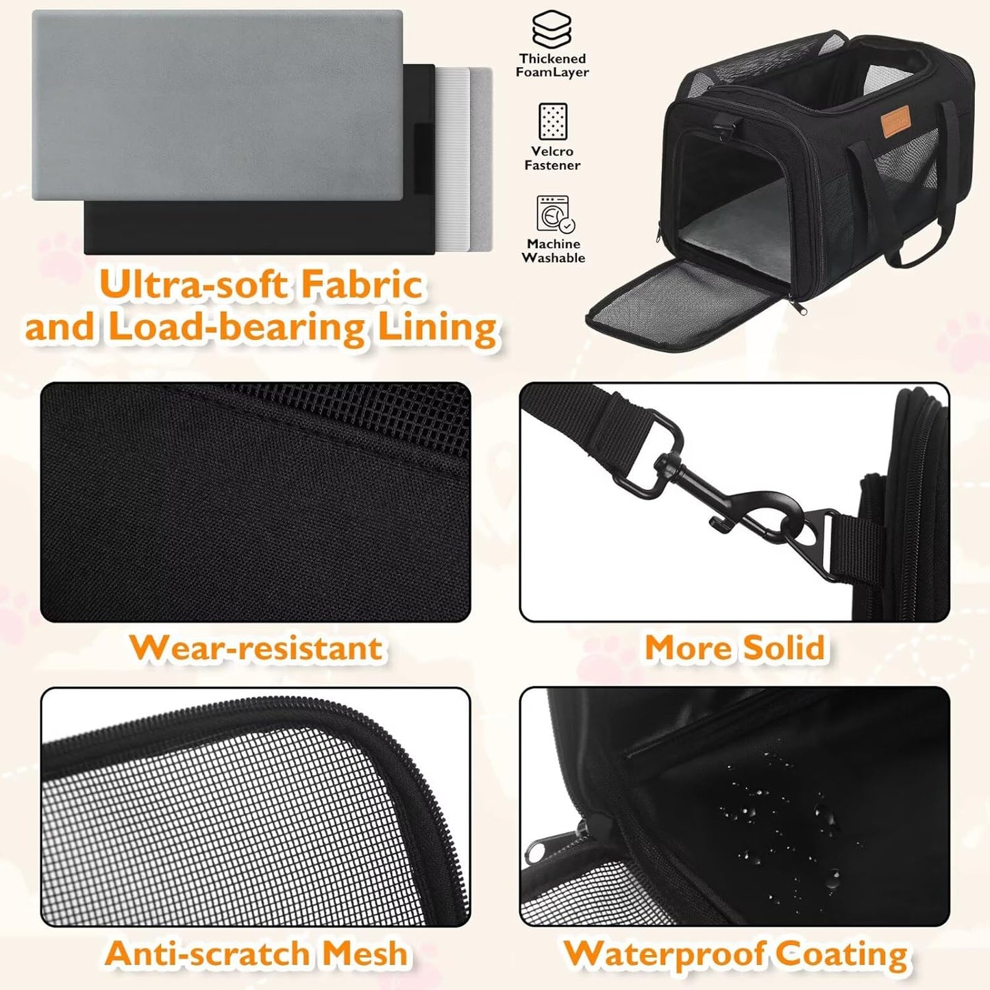 PETUX Pet Carrier Airline Approved, 17"x11"x9.5" Portable Cat Carrier Soft with Anti-Scratch Mesh for Small Cats up to 12 lb, Top Open Breathable Dog Carriers for Puppy up to 10 lb (Black)