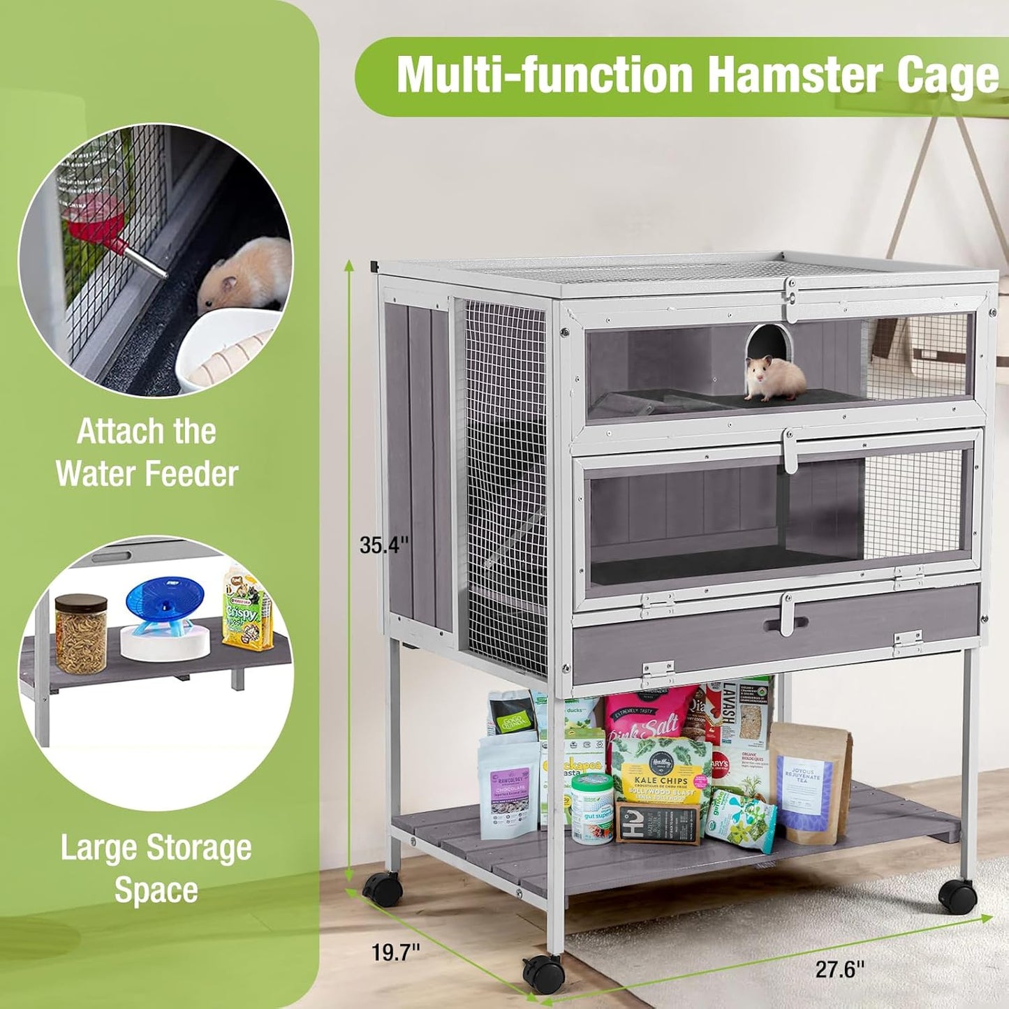 GUTINNEEN Guinea Pig Cage Hamster House with Anti-Chewing Metal Frame Rat Cage with Wheels and Storage, White Metal Frame