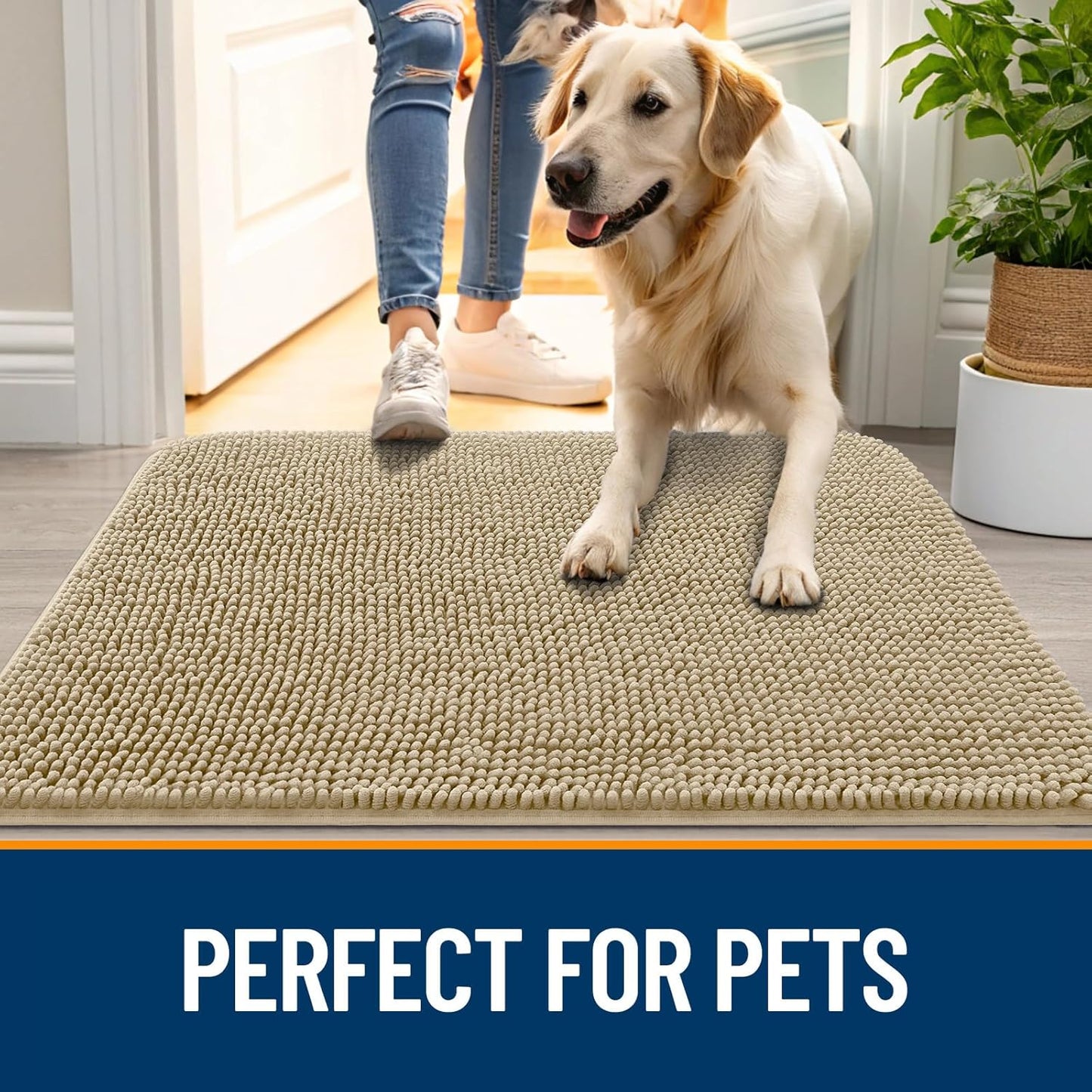 OLANLY Dog Door Mat for Muddy Paws 30x20, Absorbs Moisture and Dirt, Absorbent Non-Slip Washable Doormat, Quick Dry Chenille Mud Mat for Dogs, Entry Indoor Entryway Carpet for Inside Floor, Beige