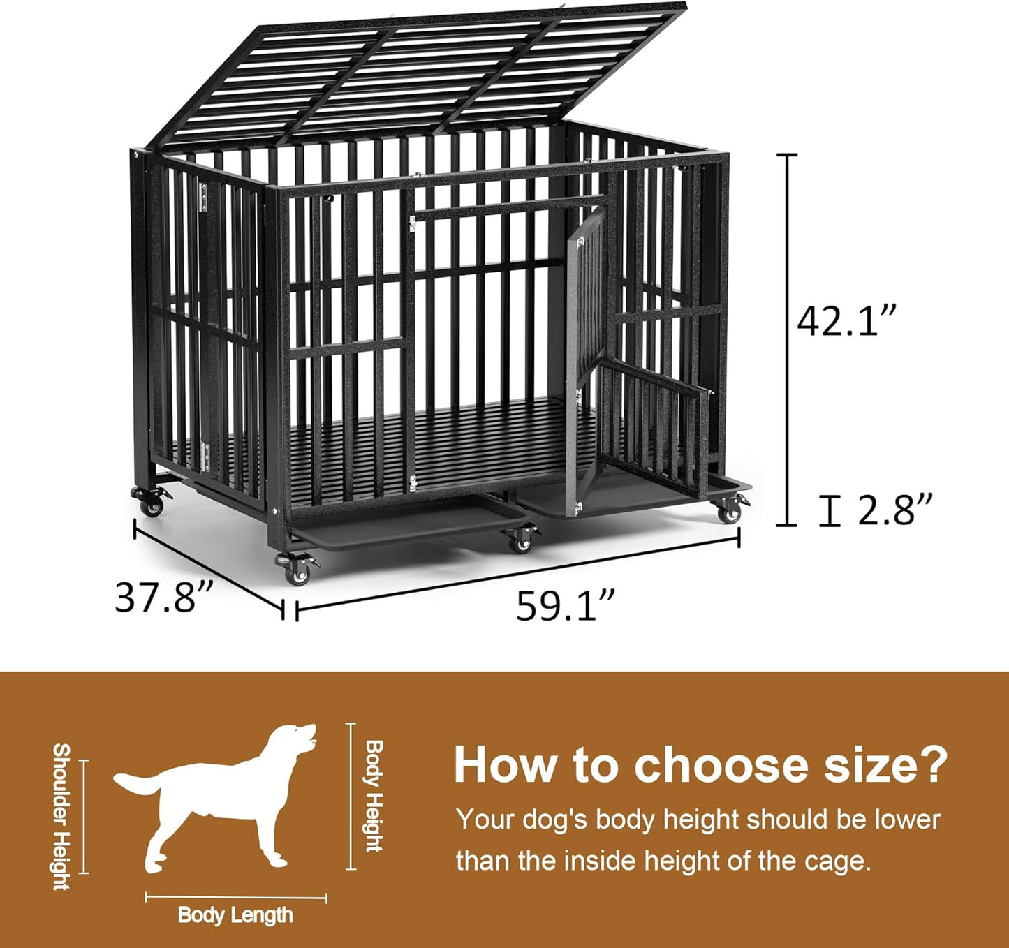 Polar Aurora Heavy Duty Dog Crate, Foldable Indestructible Dog Kennel, Escape Proof Extra Large Dog Cage with Lockable Wheels, High Anxiety Pet Playpen with Double Door for Indoor/Outdoor Use. (60in)