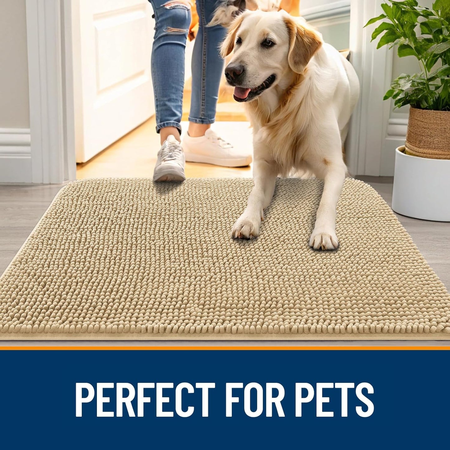 OLANLY Dog Door Mat for Muddy Paws 70x35, Absorbs Moisture and Dirt, Absorbent Non-Slip Washable Doormat, Quick Dry Chenille Mud Mat for Dogs, Entry Indoor Entryway Carpet for Inside Floor, Beige