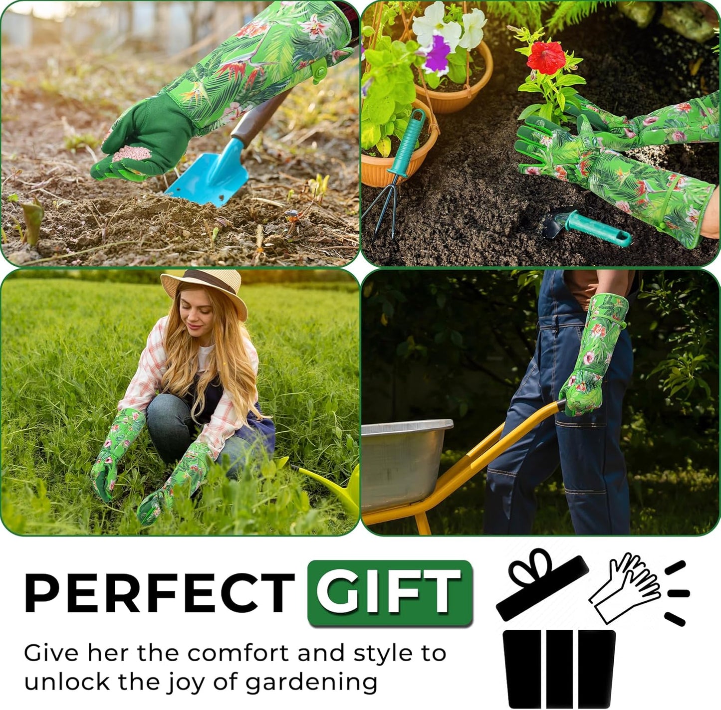 HANDLANDY Women Gardening Gloves, Thorn Proof Breathable Ladies Rose Pruning Long Gauntlet Floral Print Garden Yard Gloves, Gift for Gardeners (Green, L)