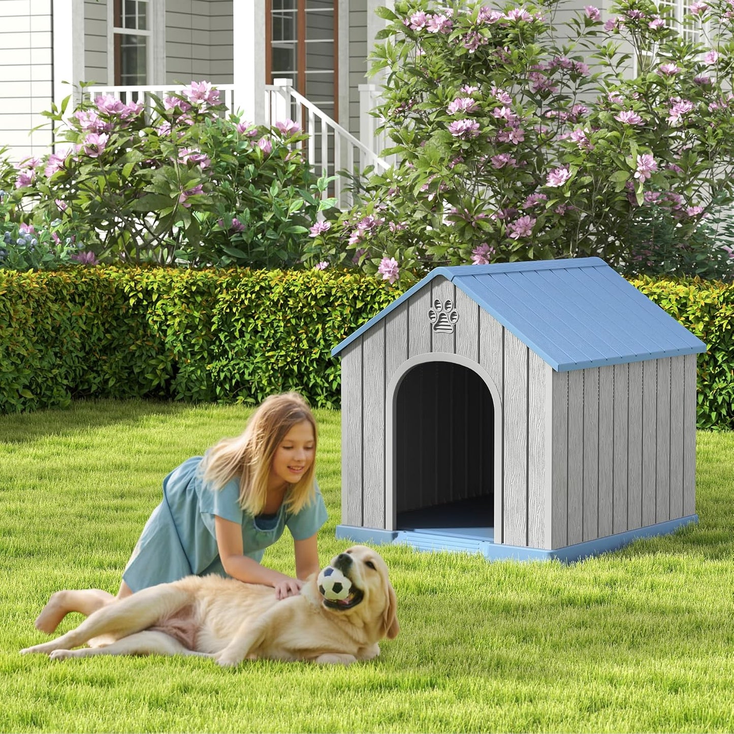 Large Outdoor Plastic Dog House - Indoor Outdoor Use for Medium & Large Dogs, Durable Waterproof Doghouse with Air Vents, Elevated Floor, Easy to Clean & Assemble(Blue2, 36.2''LĂ38''WĂ38''H)