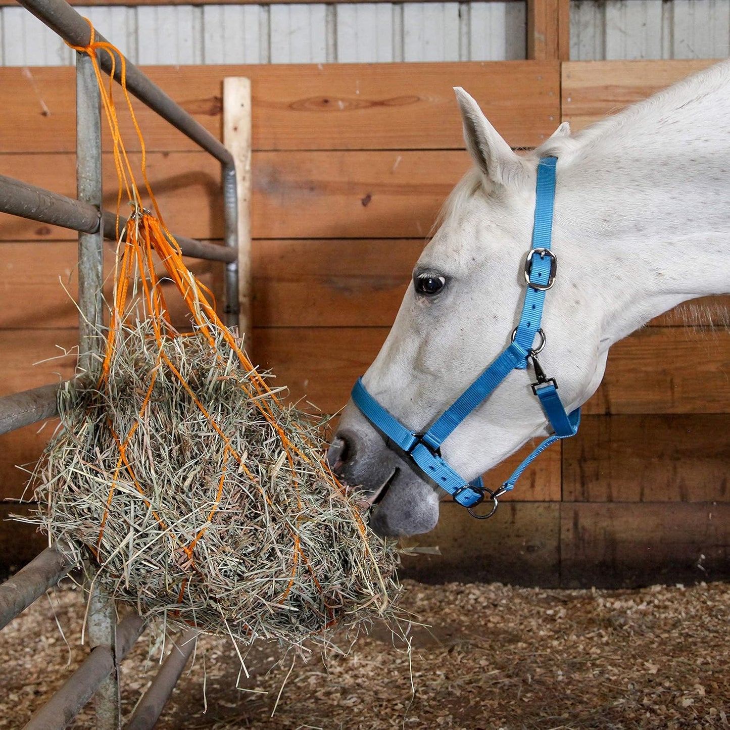 Majestic Ally 1200 D Hay Feeder Tote Bag for Horses, Sheep with Reflective Trim- Reduces Waste - Comes with 36” Hay Net (Orange)