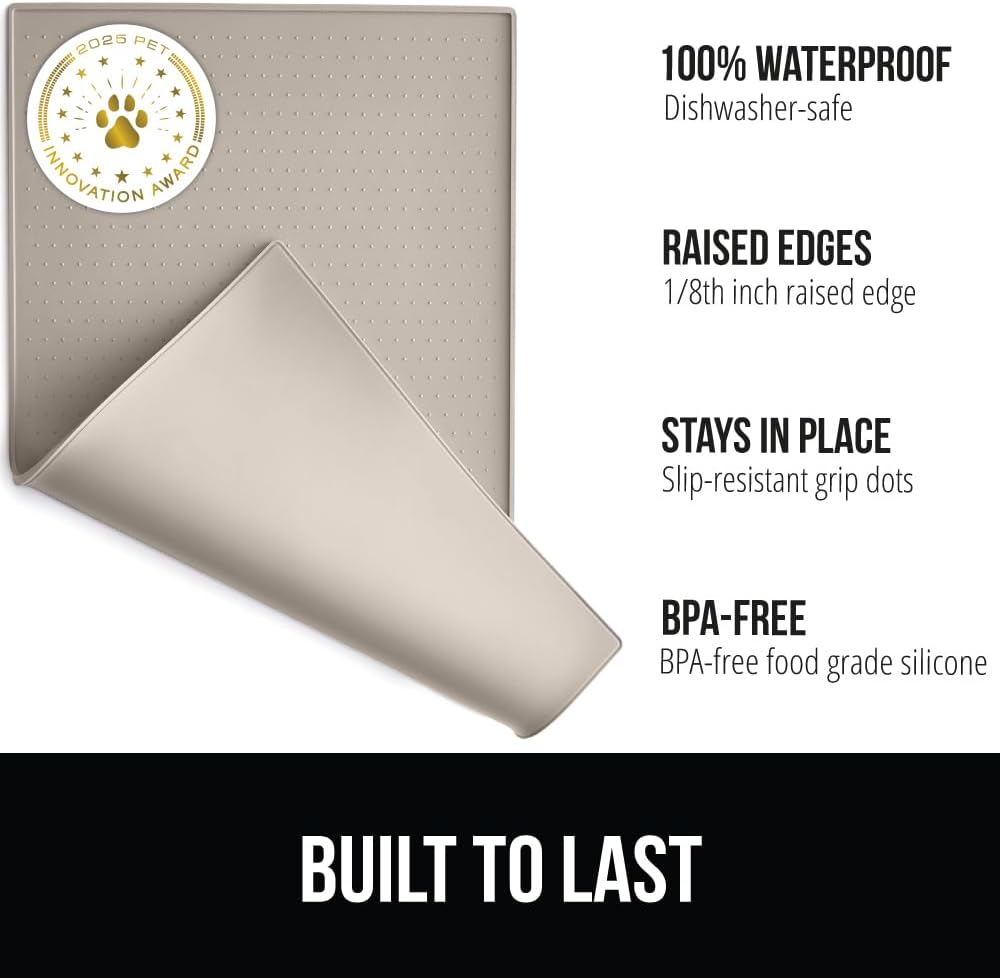 GORILLA GRIP 100% Waterproof Raised Edge BPA Free Silicone Pet Feeding Mat, Dog Cat Food Mats Contain Spills Protects Floors, Placemats for Cats and Dogs Water Bowl, Pets Accessories 23x15 Beige