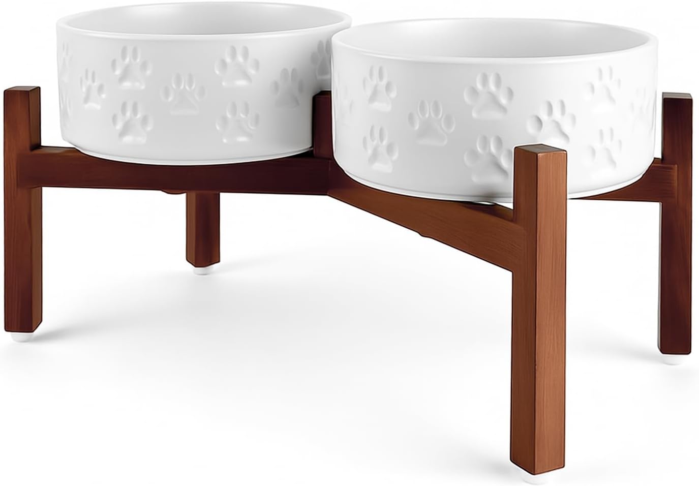 SPUNKYJUNKY Ceramic Elevated Dog Bowl Set with Acacia Wood Stand for Food and Water for Medium Dogs (42.27 OZ, White, Dog Paw Pattern)