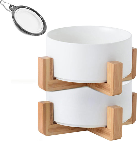 Petygooing Ceramic Dog Cat Bowl Set with Stand, Pet Dog Food and Water Dish,Medium Pet Bowls Anti Slip Set of 2 Cat Bowls-White Pet Food Bowl- Small Medium Size Pet (28 OZ /3.6 Cups)
