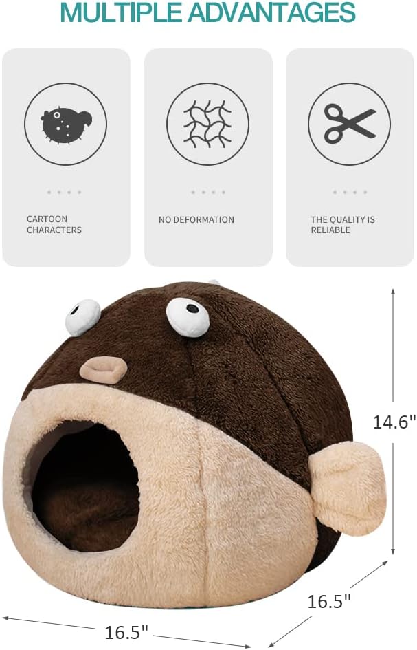 Cat Beds for Indoor Cats - Cat Bed Cave with Removable Washable Cushioned Pillow, Soft Plush Premium Cotton No Deformation Pet Bed, Lively Pufferfish Cat House Design, Brown, Multiple Sizes(L)