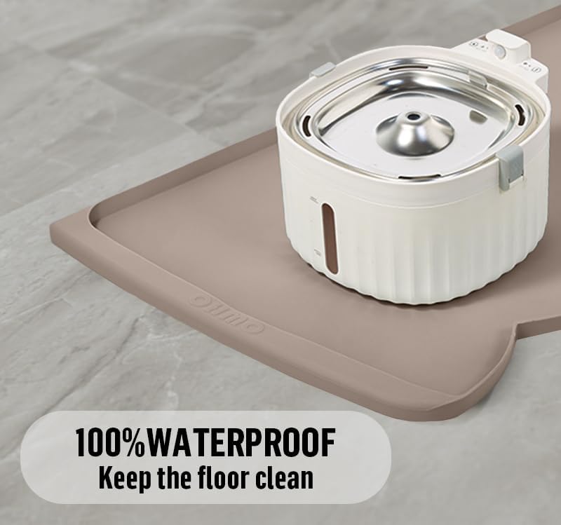 OHMO Dog Food Mat(Beige, 24 * 15'') w/Residue Collection Pocket Silicone Pet Feeding Mat for Floor High Edges Anti Spills Waterproof Cat Water Bowl Tray, Easy Clean Placemat