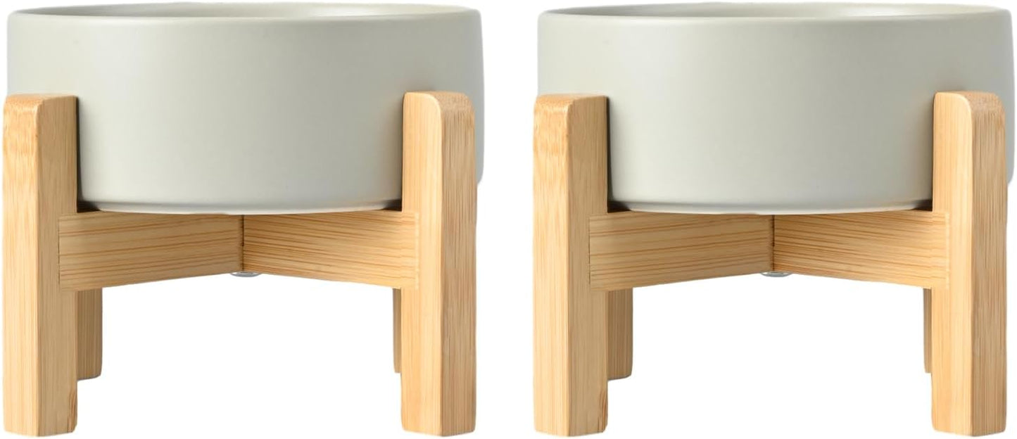 SPUNKYJUNKY Ceramic Elevated Dog Bowls 2 Pack - 8.3inch Raised Dog Bowls with Non-Slip Wooden Stand for Large Dogs Dishwasher Safe(Grey,60OZ*2)