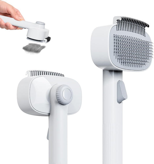 Marchul 2-in-1 Cat Grooming Brush, Cat Brushes with Release Button & Deshedding Dematting Rake, Grooming Comb Tool for for Long or Short Haired Pets, Reduce Shedding, Remove Knots and Massage, White