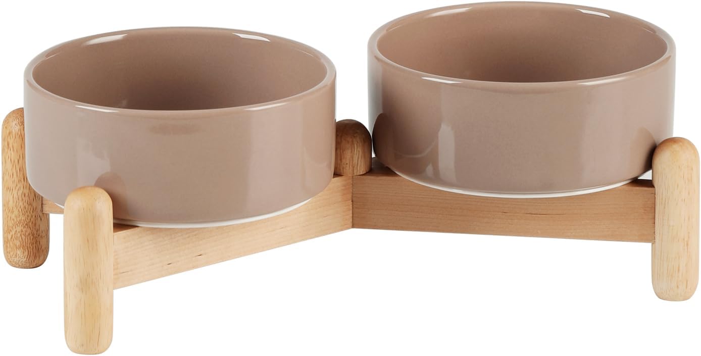 Ceramic 5.1inch Raised Double Bowls Set with Wooden Stand, Elevated Food & Water Bowls for Small Breed Dogs, Cats, Kitty, Weighted Dog Dishes, Pet Bowls(13.5oz, Brown Coffee)