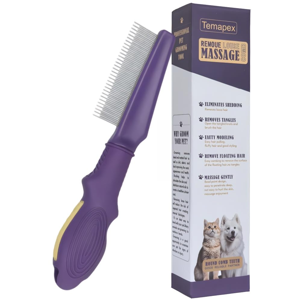 Pet Comb for Dogs & Cats with Long & Short Stainless Steel Metal Teeth For Shedding and Tangles, Non-Slip & Anti-Static Rubber Handle, Safe & Gentle Pet Grooming Comb
