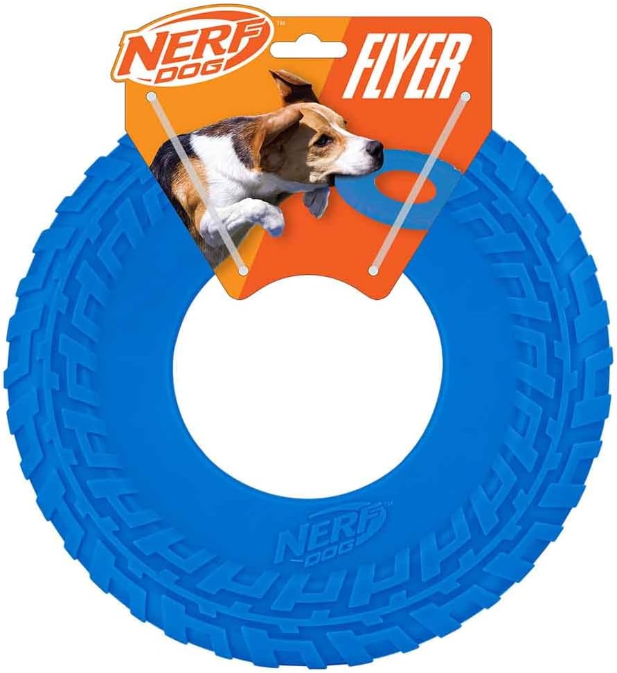 Nerf Dog Tire Flyer Outdoor Dog Toy, 10 Inch Flying Disc Dog Fetch Toy, Rubber Dog Toy for Medium Dogs and Large Dogs, Blue