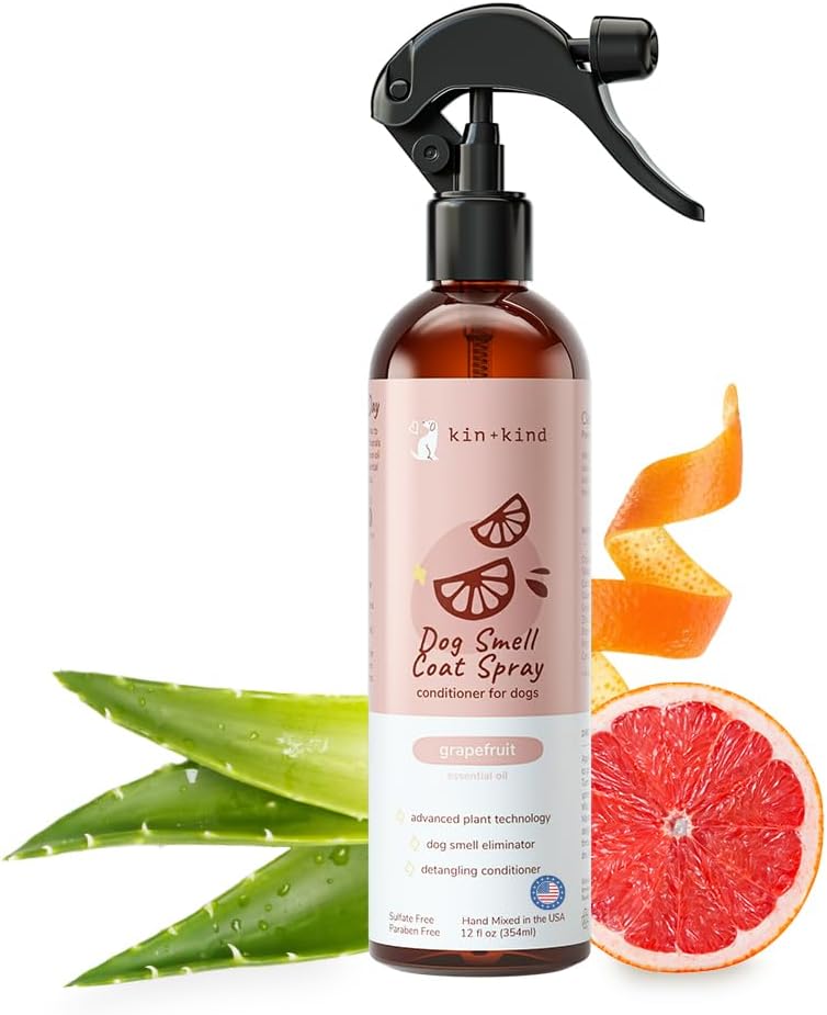 kin+kind Dog Deodorizing Spray - Safe, Natural, & Easy to Use Pet Odor Eliminator - Premium Dog Detangler Spray Formula Made w/Aloe - Dog Deodorizer for Smelly Dogs Made in The USA (12 fl oz)
