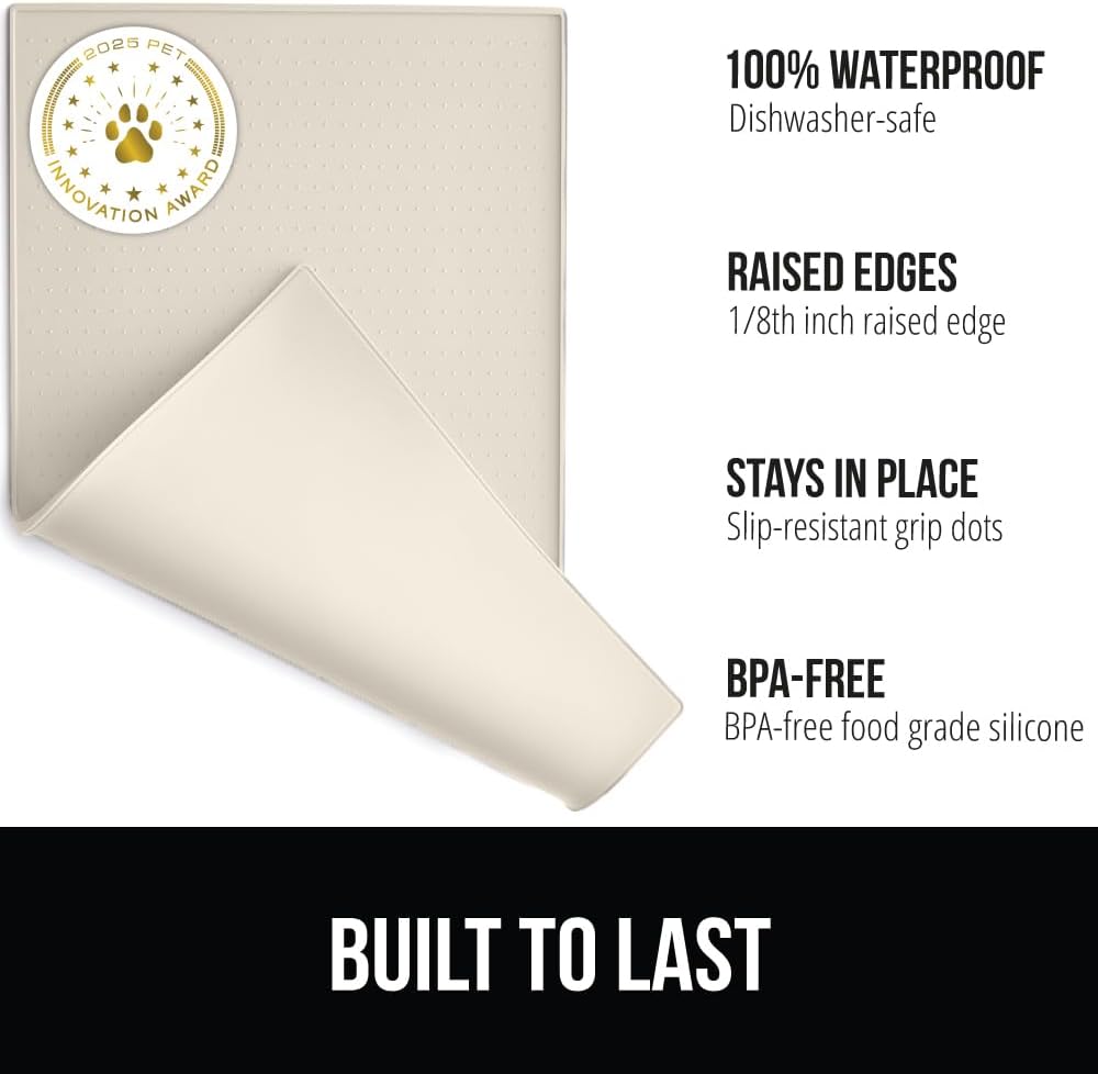GORILLA GRIP 100% Waterproof Raised Edge BPA Free Silicone Pet Feeding Mat, Dog Cat Food Mats Contain Spills Protects Floors, Placemats for Cats and Dogs Water Bowl, Pets Accessories 23x15 Cream