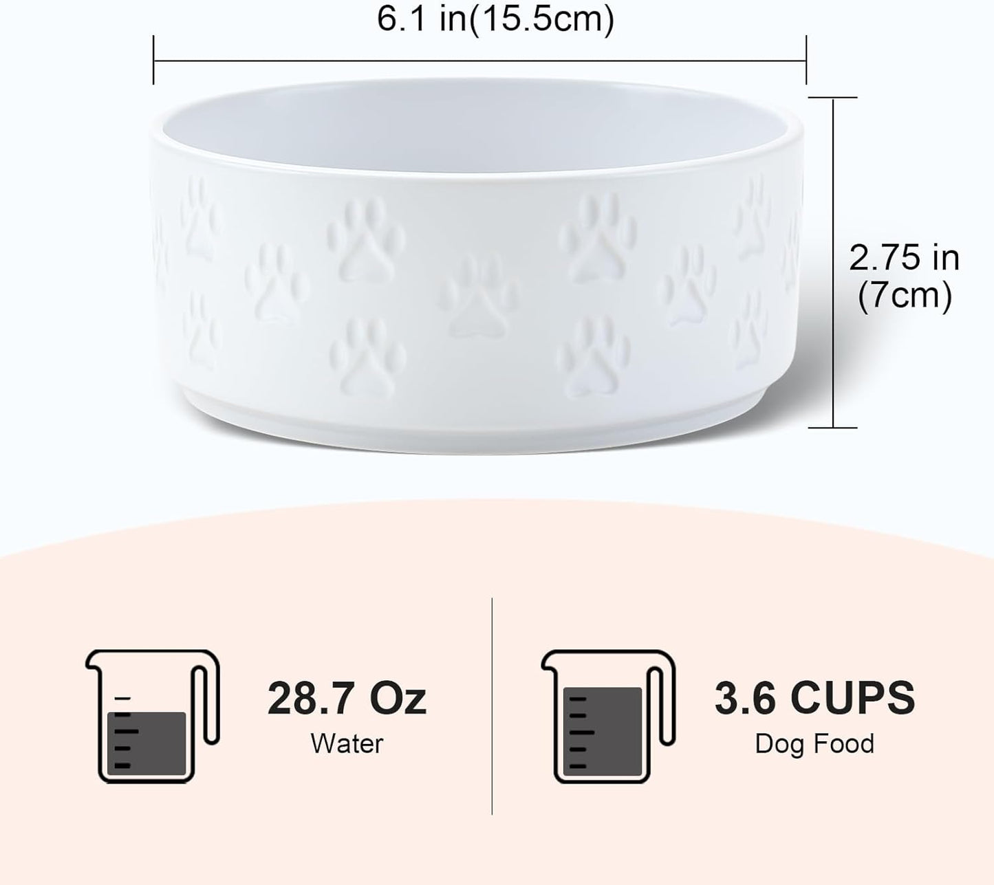 SPUNKYJUNKY Ceramic Dog and Cat Bowls 2 Pack, 6.1'' Dog and Cat Food Water Double Feeding Bowls Non-Slip for Large Sized Breed Microwave Dishwasher Safe - 28.7 OZ, 2pcs, Paw White