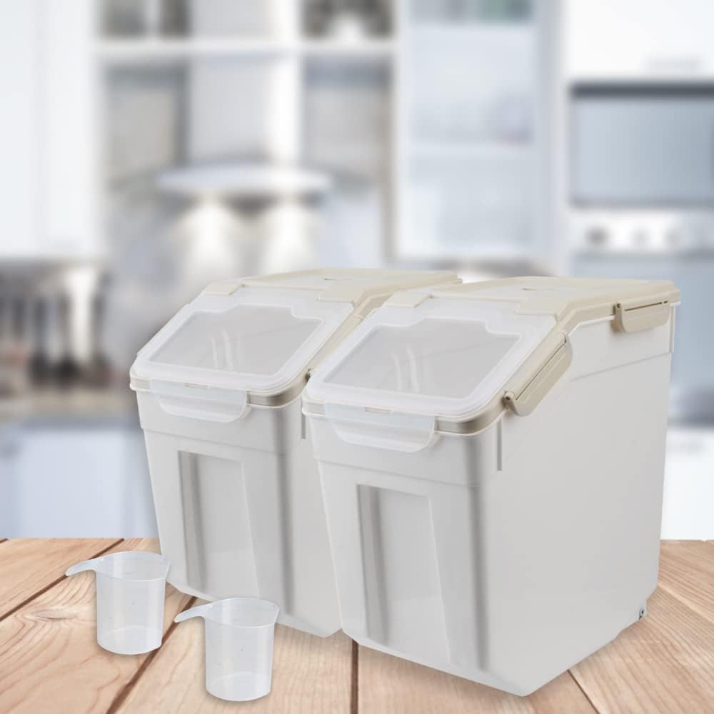 AnRui Airtight Flour Storage Container 25lb, Plastic Grain Storage Bucket, Rice Cereal Dispenser Organizer Box with Lid, Cat Dog Food Storage Bin with Measuring Cup, Scoop, Wheels, 2Pcs Grey