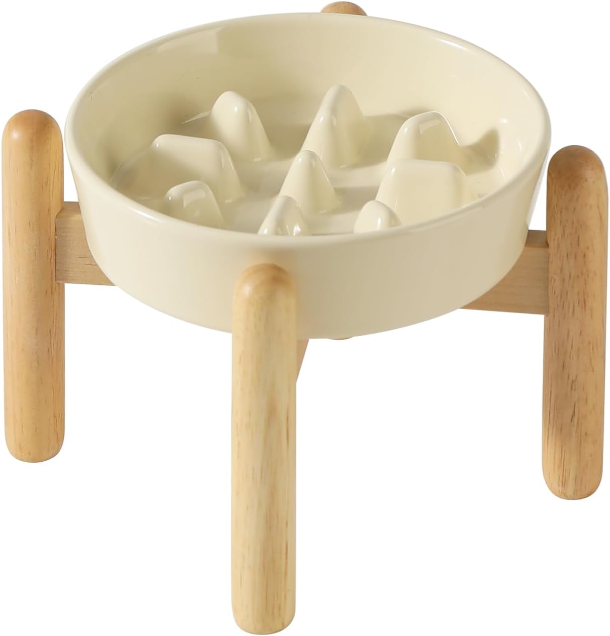 6.1inch Ceramic Dog Raised Slow Feeder Set, Elevated Bowl with Wooden Stand for Small Dog, Pet Slow Feeder Dish for Fast Easters, Preventing Choking (Beige, Single Bowl+ Stand)