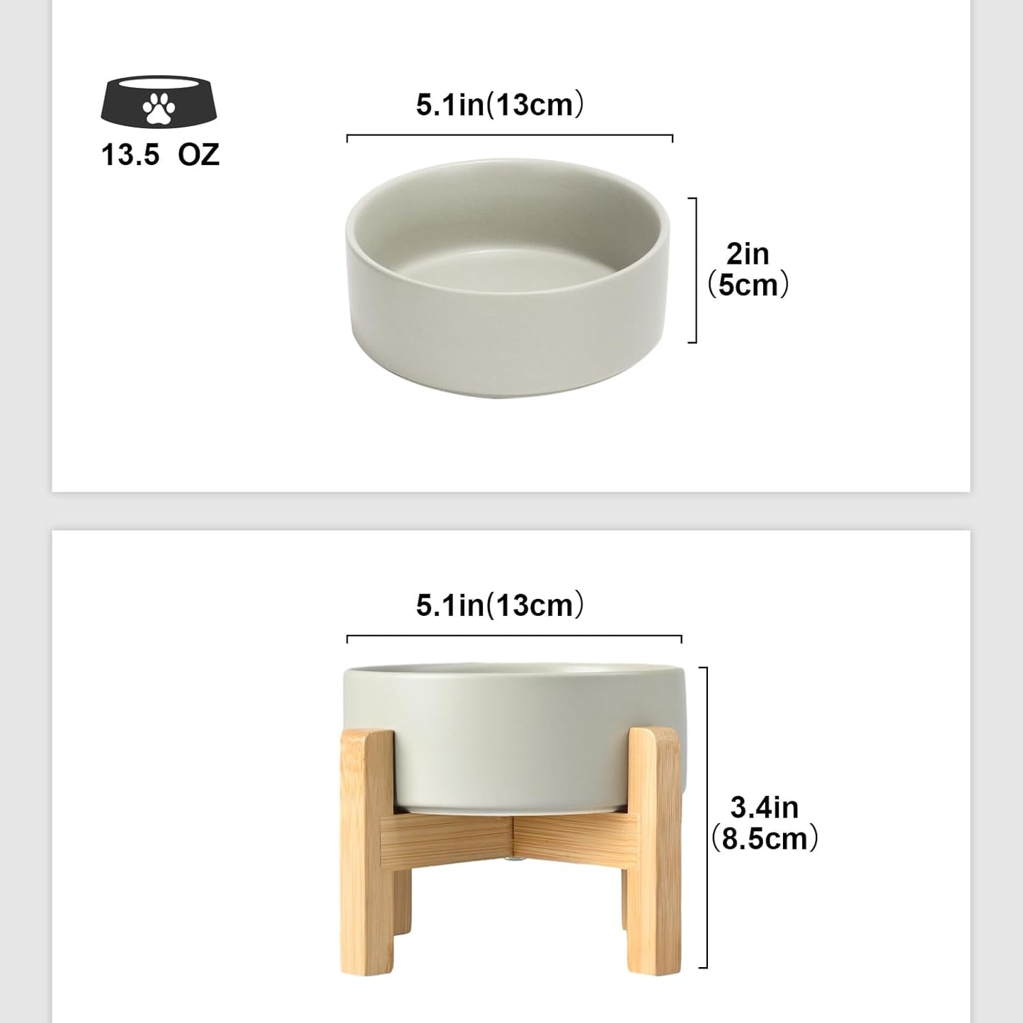 SPUNKYJUNKY Ceramic Elevated Dog Bowls 2 Pack - 5.1inch Raised Dog Bowls with Non-Slip Wooden Stand for Small Dogs Dishwasher Safe(Grey,13.5OZ*2)