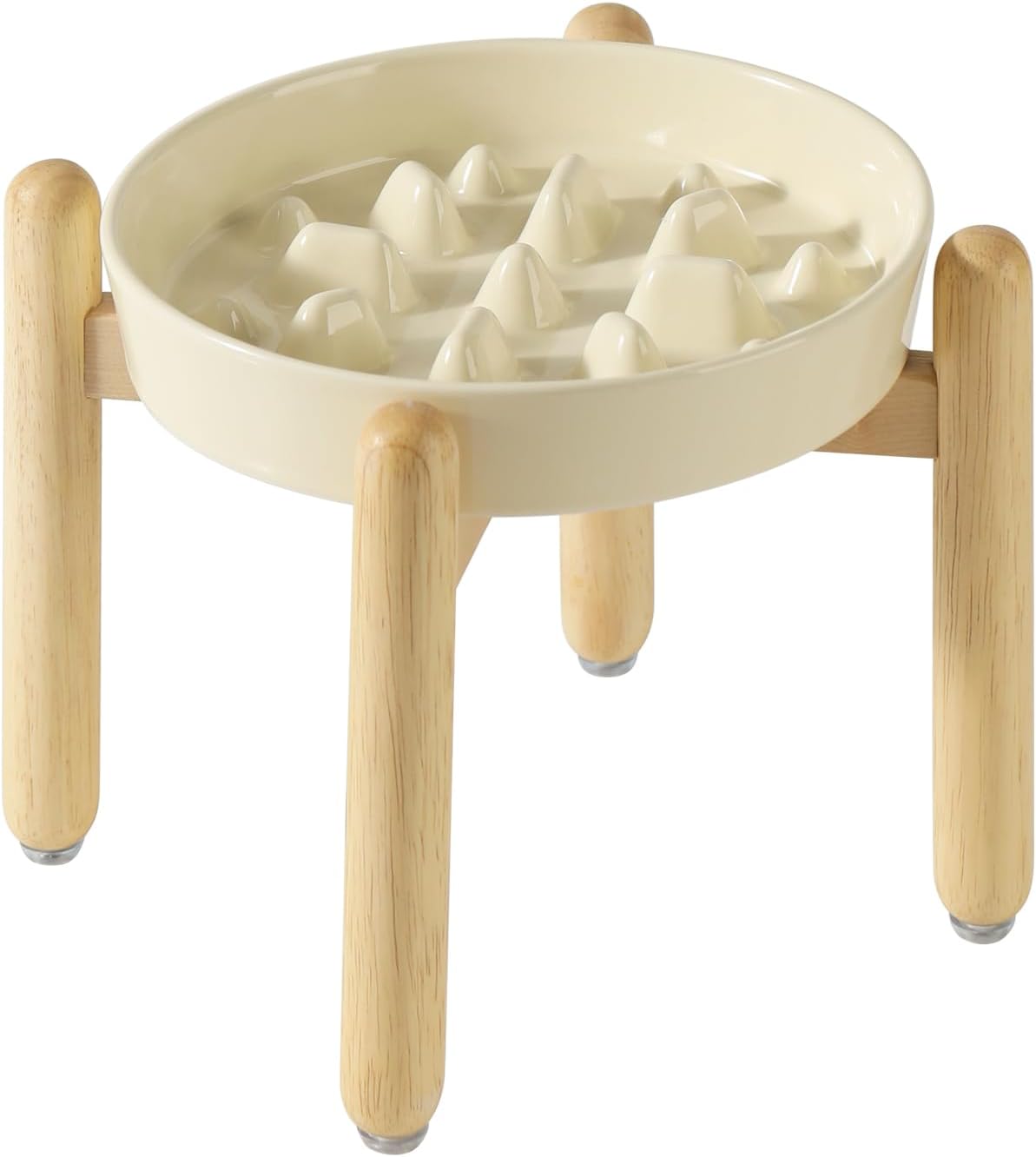8.2inch Ceramic Dog Raised Slow Feeder Set, Elevated Bowl with Wooden Stand for Large and Medium Dog, Slow Feeder Dish for Fast Easters, Anti-Gulping(Beige, Single Bowl+ Stand)