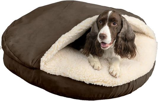 Snoozer Luxury Cozy Cave Dog Bed - Indoor Dog Bed with Cover Cave, Covered Calming Burrow for Small & Medium Sized Pets with Blanket Attached, Enclosed, Washable - Large, Hot Fudge