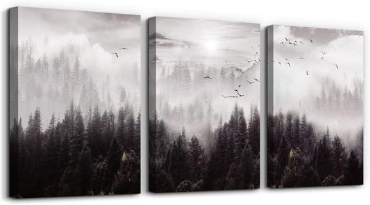 Framed Canvas Art - Boho Wall Decor Set of 3: Foggy Forest Trees Scenery for Living Room, Bedroom, Office, Farmhouse, Home Decoration