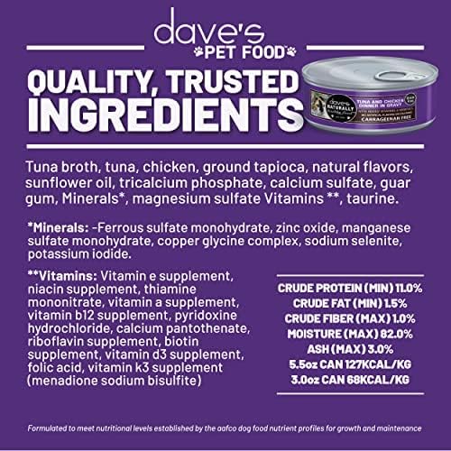 Dave's Pet Food Grain Free Wet Cat Food Gravy (Tuna & Chicken Dinner in Gravy), Naturally Healthy Canned, Added Vitamins, 5.5 oz Cans (24 Pack)