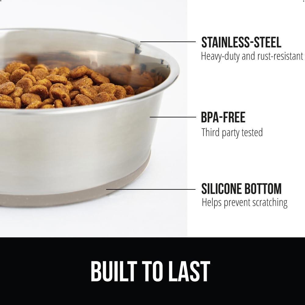 GORILLA GRIP Set of 2 Dog Bowls, Heavy Duty Metal Food and Water Bowl for Feeding Dogs and Cats, Dishwasher Safe, Rust Resistant Stainless Steel, BPA Free Rubber Base, Holds 1 Cup (8 fl oz), Beige